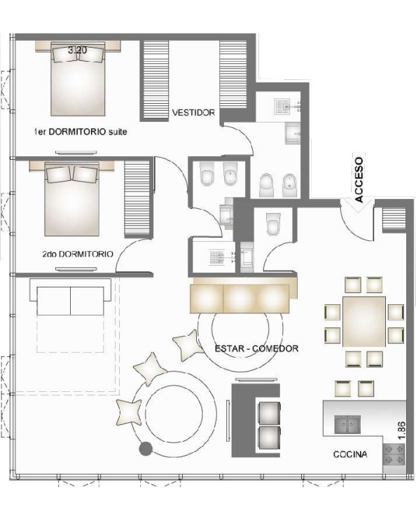 Plano de 2 dormitorios, tipología D